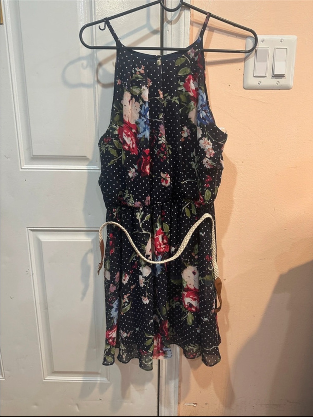 Iz Byer Navy Floral and Polka Dot Halter Top